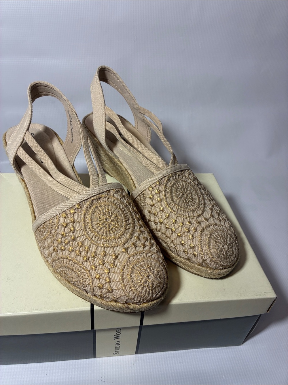 Studio Works Beige Crochet Espadrille Slingback wedges